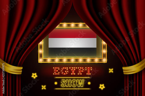 Show time board for performance, cinema, entertainment, roulette, poker of Egypt country event. Shining light bulbs vintage of Egypt country name