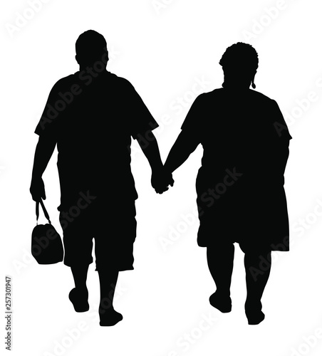 Happy elderly seniors fat couple hold hands vector silhouette. Mature coupe in love together isolated on white. Grandmother and grandfather closeness in public. Golden age for travel and peace in soul