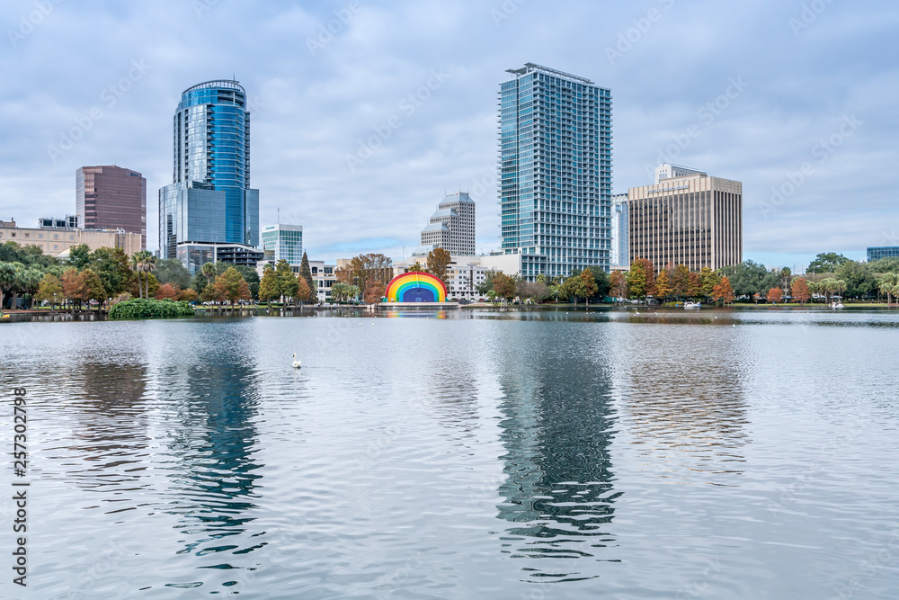 ORLANDO, FLORIDA, USA - DECEMBER, 2018: Eola Lake Park, popular destination for festivals, concerts, fundraising walks and even weddings.v