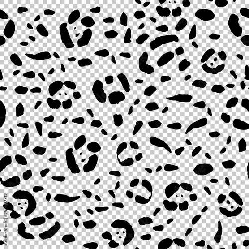Seamless Animal print, black spots of a jaguar. Transparent background. Stock vector illustration.
