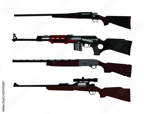 Collection of rifle vector illustration isolated on white background. Sniper rifle symbol silhouette, semi automatic, carbine. Army and police weapons. Shotgun and guns set. Powerful deadly weapon.