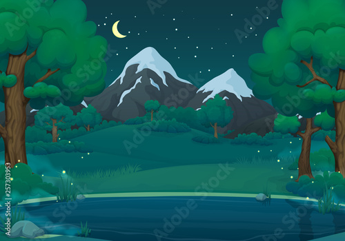 Summer, spring night vector illustration. Misty lake or river with fireflies, lush green trees and bushes. Green hills, meadows, mountains and dark blue sky with stars and crescent moon.