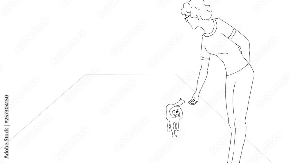 Cute hand drawn animation. Cartoon of a woman teaching her dog to sit and stay. Cavalier King Charles Spaniel. Cute hand drawn animation. Cartoon of a woman teaching her dog to sit and stay. Cavalier King Charles Spaniel.