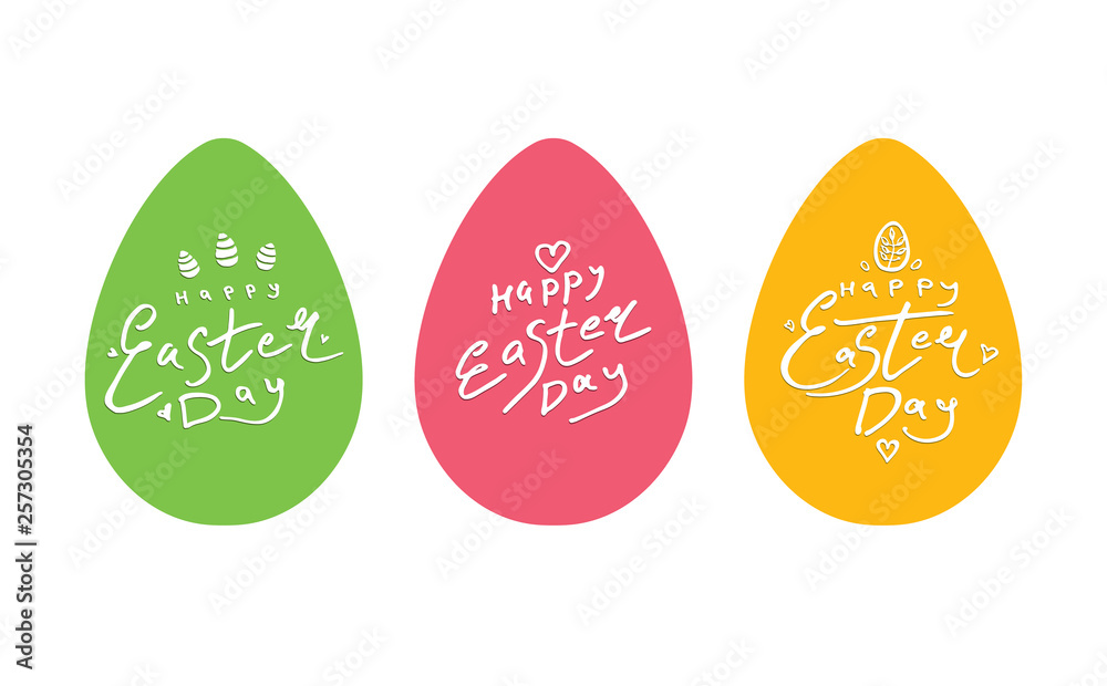 Three bright Easter eggs with handwritten logos. Happy Easter Day!
