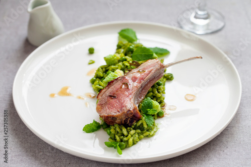 Lamb chops with green pea risotto