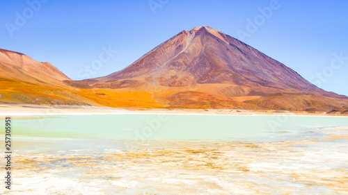 Licancabur volcano and Green lagoon, Lagune Verde, border between Chile and Bolivia, South America