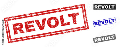 Grunge REVOLT rectangle stamp seals isolated on a white background. Rectangular seals with grunge texture in red, blue, black and gray colors.