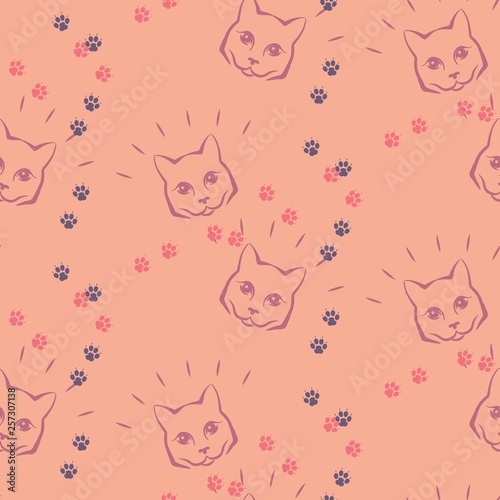 Seamless pattern with cute fase of cats and bows. Fashion kawaii kitty. Vector illustration.