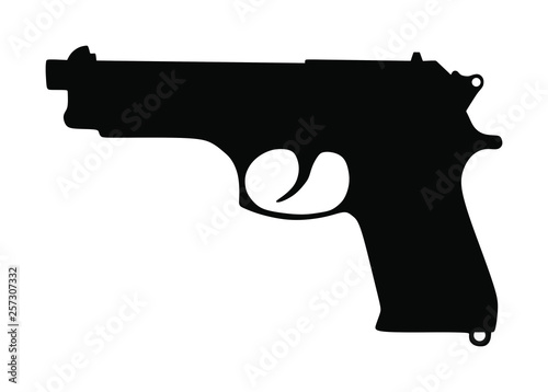 Pistol Gun Icon Vector silhouette Illustration isolated on white background. Risk in conflict situation. police and military weapon. Defense help option against enemy aggressor. Anti terrorism action.