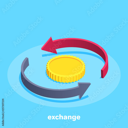 Isometric vector image on a blue background, semicircular arrows around a golden coin, currency exchange, business and financial icon.