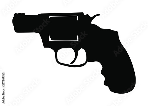 Revolver symbol. Pistol Gun Vector silhouette isolated on white background. Risk in conflict situation. police and military weapon. Defense help option against enemy aggressor.