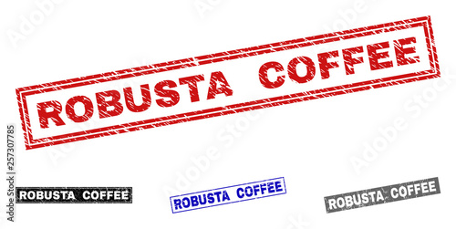 Grunge ROBUSTA COFFEE rectangle stamps isolated on a white background. Rectangular seals with grunge texture in red, blue, black and grey colors.