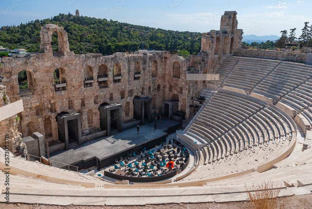 The Odeon of Herodes Atticus called Herodeion or Herodion, a stone theater structure located on a slope of the Acropolis of Athens, Greece UNESCO World Heritage