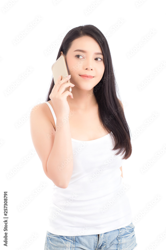 Beautiful of portrait asian young woman smile and happy talking calling with mobile phone isolated on white background, communication concept. Beautiful of portrait asian young woman smile and happy talking calling with mobile phone isolated on white background, communication concept.