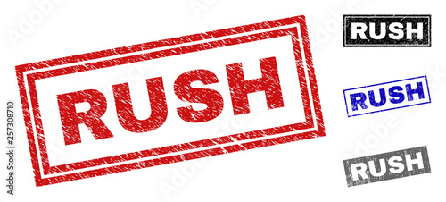 Grunge RUSH rectangle stamp seals isolated on a white background. Rectangular seals with grunge texture in red, blue, black and gray colors. Vector rubber imprint of RUSH tag inside rectangle frames.