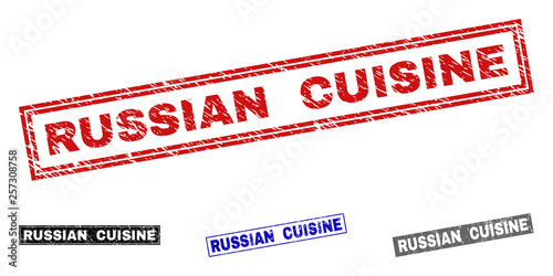 Grunge RUSSIAN CUISINE rectangle stamp seals isolated on a white background. Rectangular seals with grunge texture in red, blue, black and gray colors.