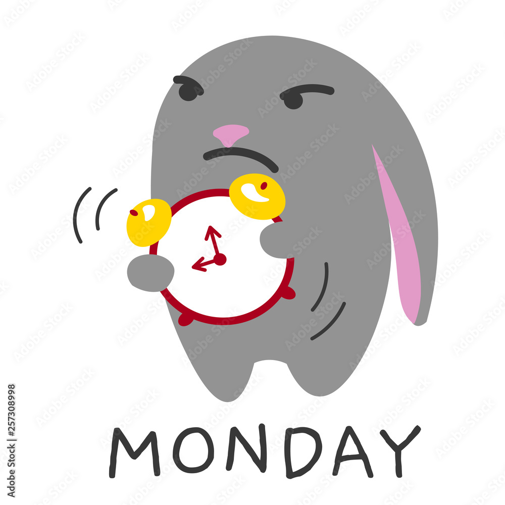 Morning monday strict rabbit with alarm clock vector illustration.