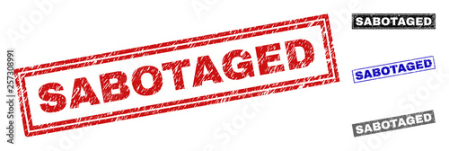 Grunge SABOTAGED rectangle stamp seals isolated on a white background. Rectangular seals with grunge texture in red, blue, black and grey colors.