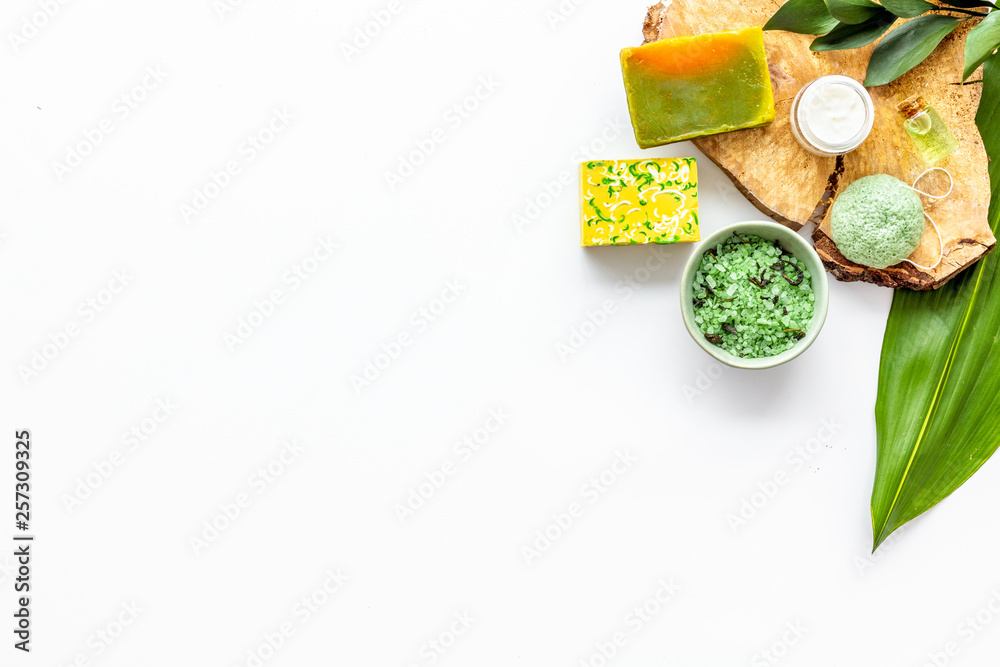herbal cosmetic set for homemade spa on white background top view space for text herbal cosmetic set for homemade spa on white background top view space for text