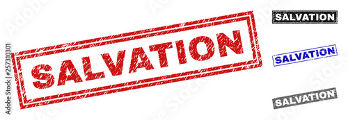 Grunge SALVATION rectangle stamp seals isolated on a white background. Rectangular seals with grunge texture in red, blue, black and grey colors.