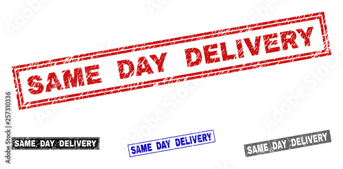 Grunge SAME DAY DELIVERY rectangle stamp seals isolated on a white background. Rectangular seals with grunge texture in red, blue, black and gray colors.