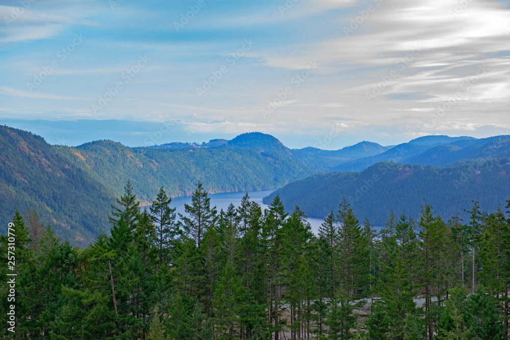 View of the gulf islands from the Malahat summit in Vancouver Island, Canada