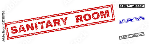 Grunge SANITARY ROOM rectangle stamp seals isolated on a white background. Rectangular seals with grunge texture in red, blue, black and grey colors.