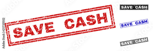 Grunge SAVE CASH rectangle stamp seals isolated on a white background. Rectangular seals with distress texture in red, blue, black and gray colors.