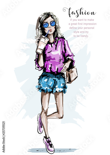 Hand drawn beautiful young woman with plastic coffee cup. Stylish girl. Fashion woman look. Sketch.