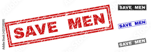 Grunge SAVE MEN rectangle stamp seals isolated on a white background. Rectangular seals with distress texture in red, blue, black and grey colors.