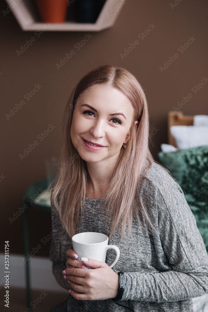 custom made wallpaper toronto digitalPortrait of happy beautiful blond with mug in hands