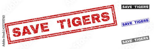 Grunge SAVE TIGERS rectangle stamp seals isolated on a white background. Rectangular seals with grunge texture in red, blue, black and gray colors.