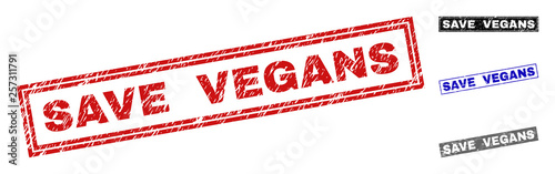 Grunge SAVE VEGANS rectangle stamp seals isolated on a white background. Rectangular seals with grunge texture in red, blue, black and gray colors.