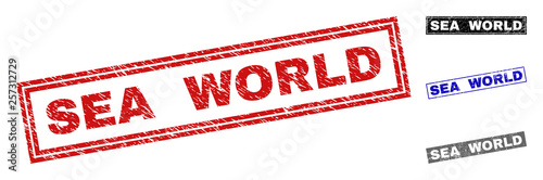 Grunge SEA WORLD rectangle stamp seals isolated on a white background. Rectangular seals with grunge texture in red, blue, black and grey colors.