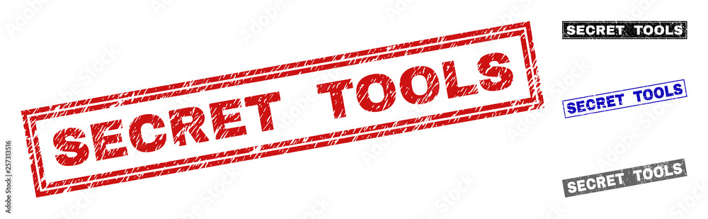 Grunge SECRET TOOLS rectangle stamp seals isolated on a white background. Rectangular seals with grunge texture in red, blue, black and gray colors. Grunge SECRET TOOLS rectangle stamp seals isolated on a white background. Rectangular seals with grunge texture in red, blue, black and gray colors.