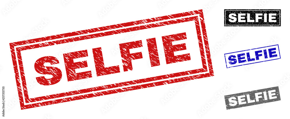 Grunge SELFIE rectangle stamp seals isolated on a white background. Rectangular seals with grunge texture in red, blue, black and grey colors. Grunge SELFIE rectangle stamp seals isolated on a white background. Rectangular seals with grunge texture in red, blue, black and grey colors.