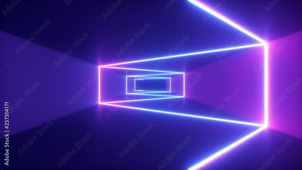 Abstract flying in futuristic corridor, seamless loop 4k background, fluorescent ultraviolet light, glowing colorful laser neon lines, geometric endless tunnel, blue pink spectrum, 3d render