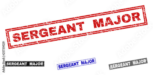 Grunge SERGEANT MAJOR rectangle stamp seals isolated on a white background. Rectangular seals with grunge texture in red, blue, black and grey colors.
