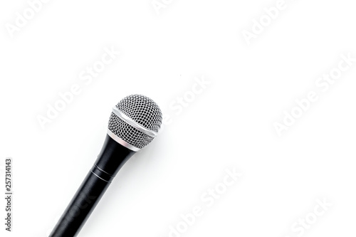 blogger, journalist or musician office desk with microphone on white background top view copyspace