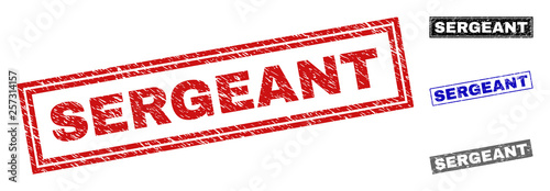Grunge SERGEANT rectangle stamp seals isolated on a white background. Rectangular seals with grunge texture in red, blue, black and gray colors.
