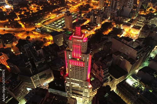 Aerial view of Santander's Lighthouse, a tourism point exactly in the center of Sao Paulo, Brazil. Great landscape. Flying during night. Sao Paulo's downtown. photo