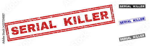 Grunge SERIAL KILLER rectangle stamp seals isolated on a white background. Rectangular seals with grunge texture in red, blue, black and grey colors.