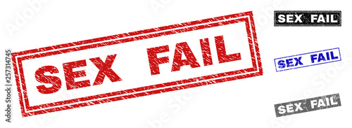 Grunge SEX FAIL rectangle stamp seals isolated on a white background. Rectangular seals with grunge texture in red, blue, black and gray colors.