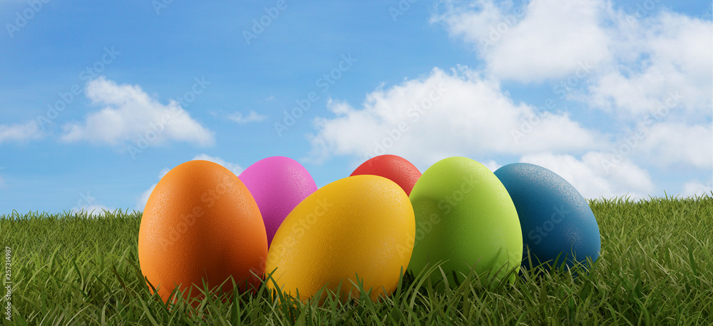 easter eggs green grass field and blue sky 3d-illustration easter eggs green grass field and blue sky 3d-illustration