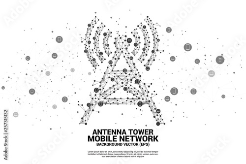 Antenna Tower icon polygon style from dot and line connection with mobile device icon. Concept of telecommunication mobile and data technology