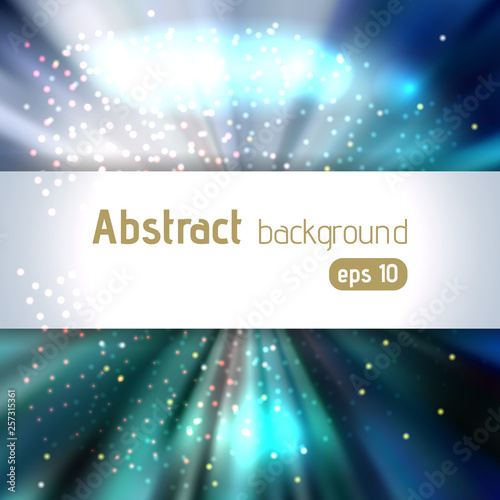 Sunburst background with glittering stars. Beautiful rays of light. Vector illustration. Blue, green, white colors.