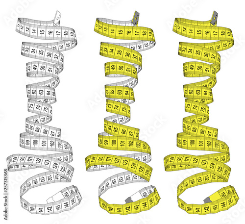 Measuring tape in white and yellow colors. Theme for the studio, dressmaking, diet abstract design. Vector illustration.