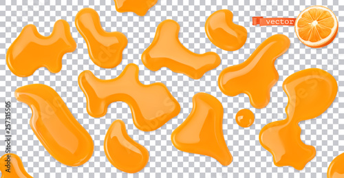 Orange juice drops. 3d realistic vector set