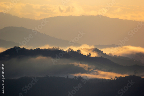 sea fog on the mountain hills in the morning