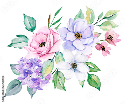 Watercolor flowers, pink and violet peonies. Floral clip art. Perfectly for printing design on invitations, greeting cards, wall art and other. Isolated on white background. Hand painted.